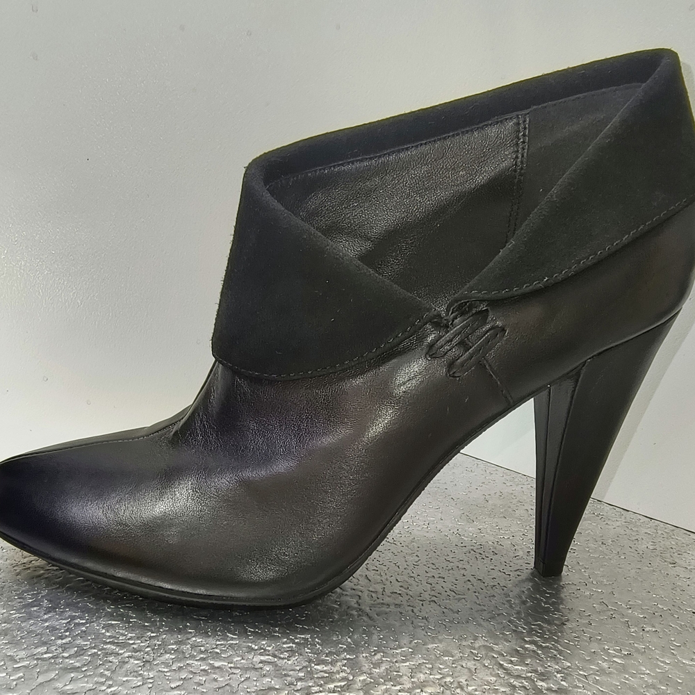 COACH Annika Heeled Ankle Bootie in Black Leather with a Suede Fold-Over Cuff